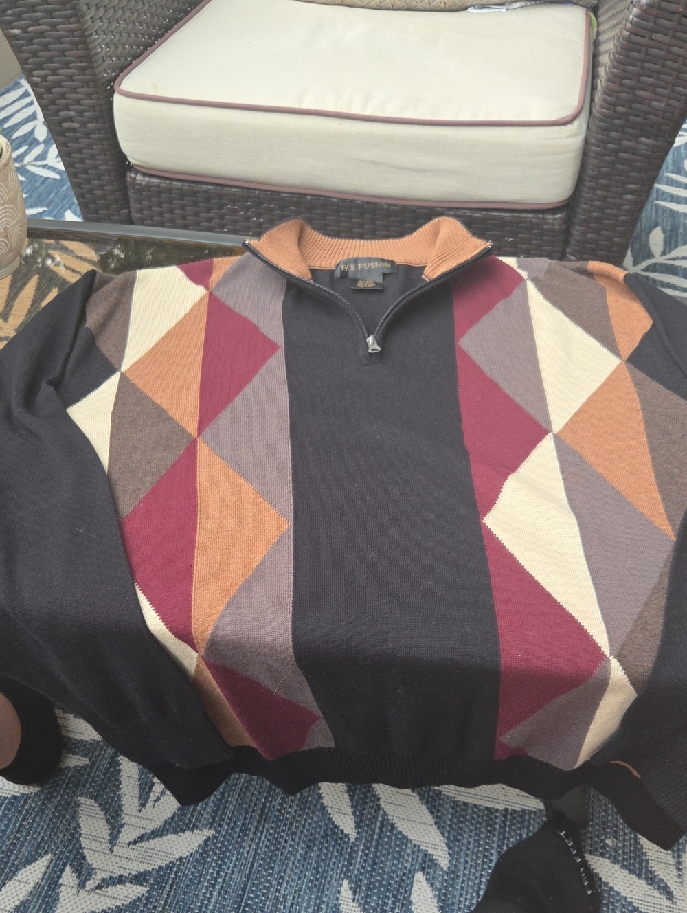 Men's Quarter-Zip Argyle Sweater, XXL, in Black with Burgundy & Tan Accents